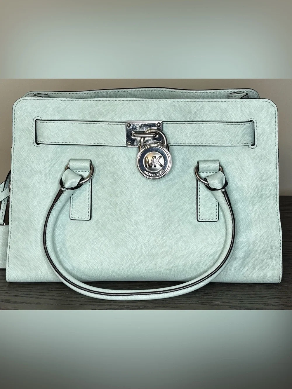 Michael Kors Hamilton Mint Green Saffiano Leather Satchel Tote Silver Lock Bag